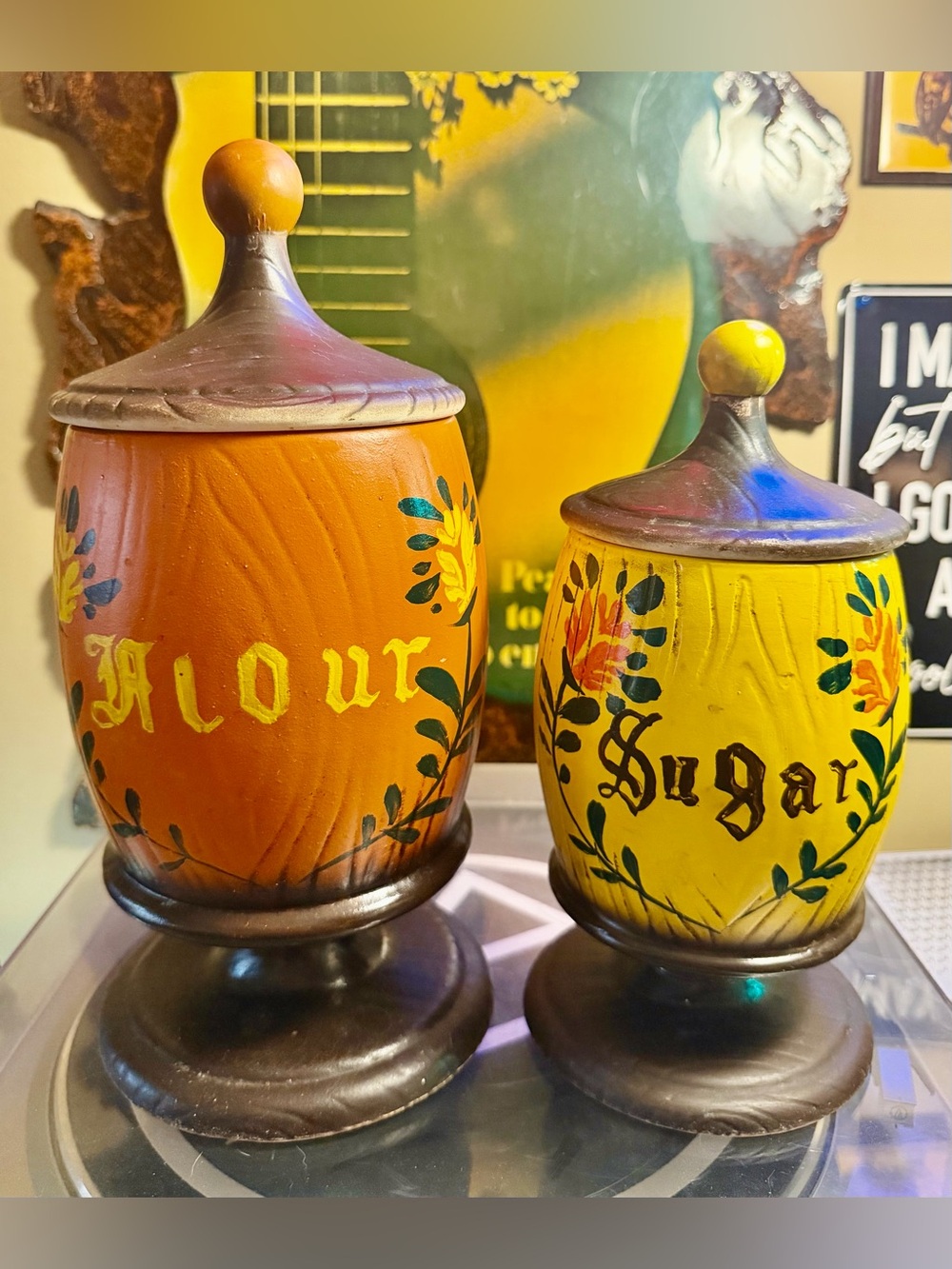 Vintage MCM Old World Style Faux Wood Painted Ceramic Flour & Sugar Canister Set